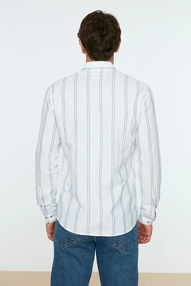 Beyaz Slim Fit Düğmeli Yaka İnce Çizgili Gömlek TMNSS20GO0092 - 6
