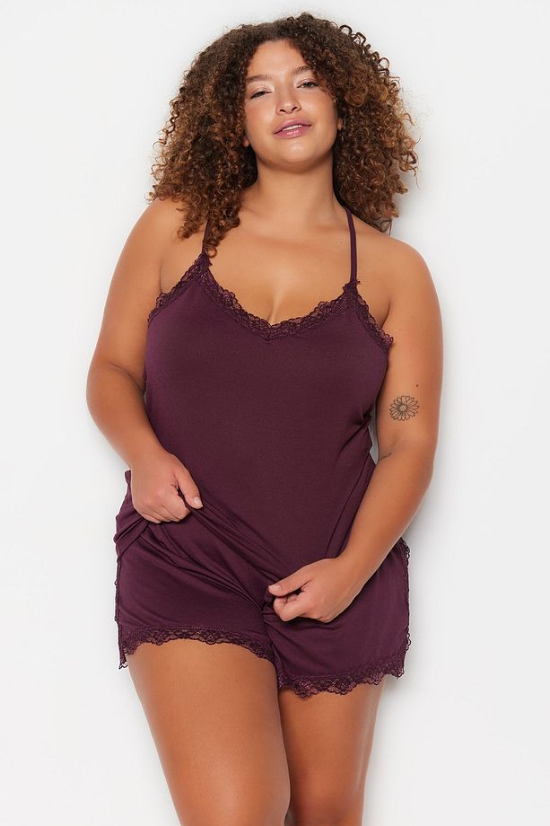 Mürdüm Askılı Örme Dantel Detaylı Pijama Takımı TBBSS23AI00016 - 4