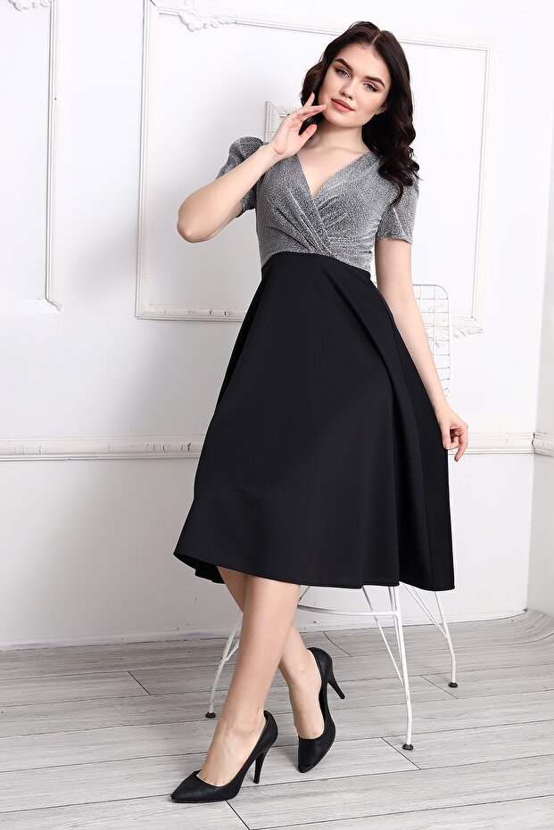 Pileli Kruvaze Simli Midi Elbise - 4