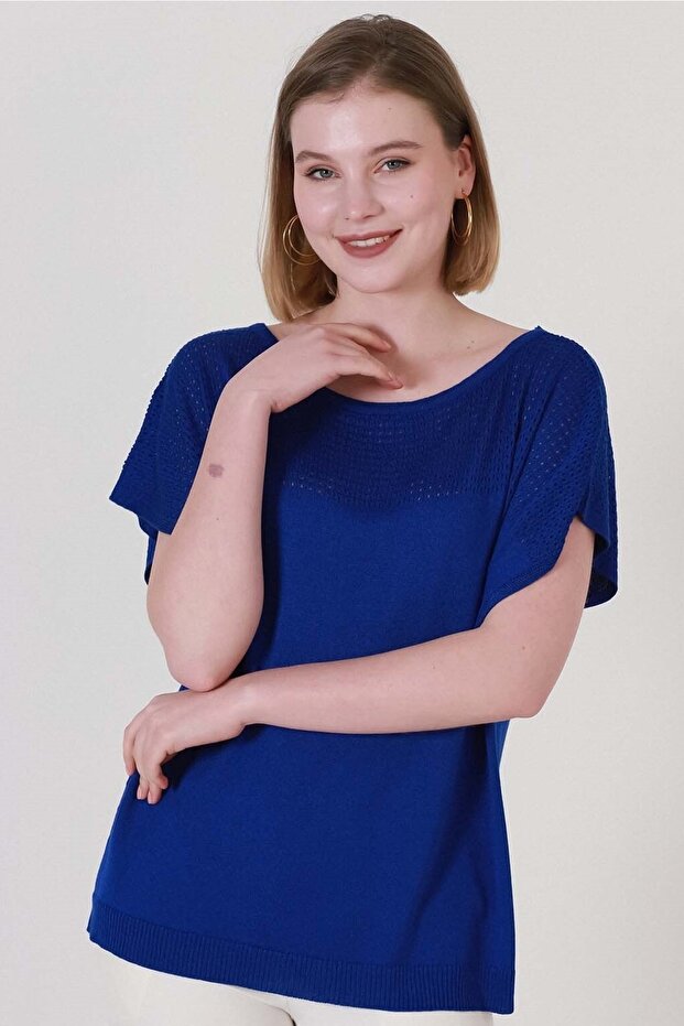 Women's Cobalt Blue Chest Openwork Summer Fine Knitwear Blouse