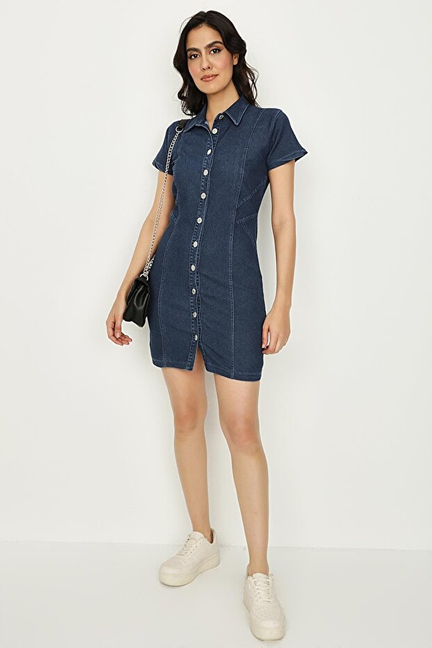 Kadın Mavi Önden Düğmeli Denim Elbise - 1