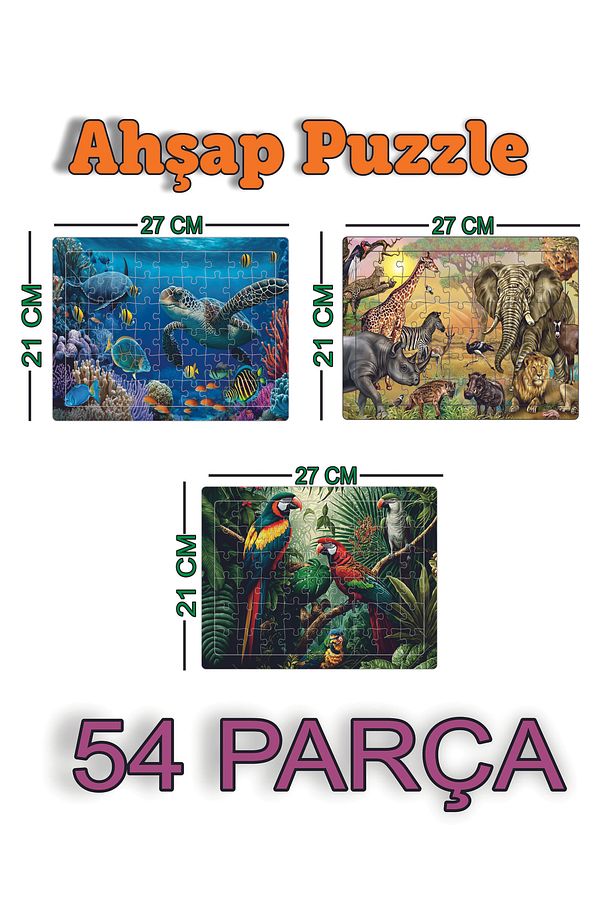 Ahşap 54 Parçalı Puzzle 3 Farklı Puzzle - 1