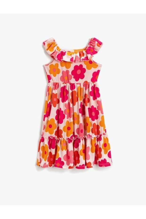 Flower Patterned Sleeveless and Ruffle Detailed Girl's Summer Tiril Dress
