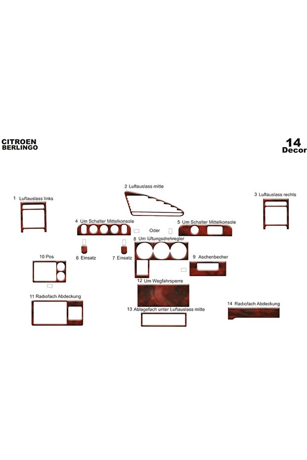 Meriç ® Citroen Berlingo Front Glove Box Trim Mahogany 14 Pieces 1996-2002