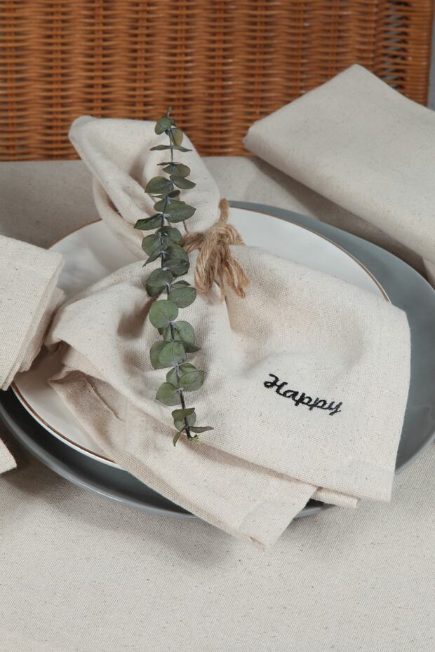 Natural Napkin 6 Pieces Motto Embroidered Cotton Linen Authentic 45x45 Cm Happy