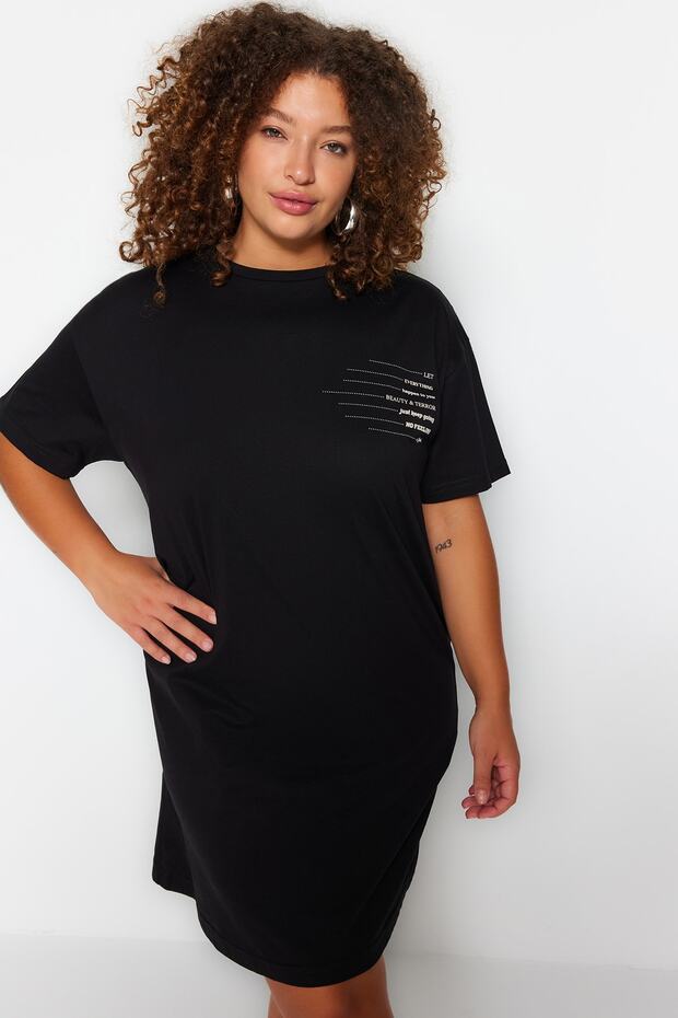 Siyah Bisiklet Yaka slogan Baskılı %100 Pamuk Örme Büyük Beden T-shirt Elbise TBBSS23AH00162 - 2