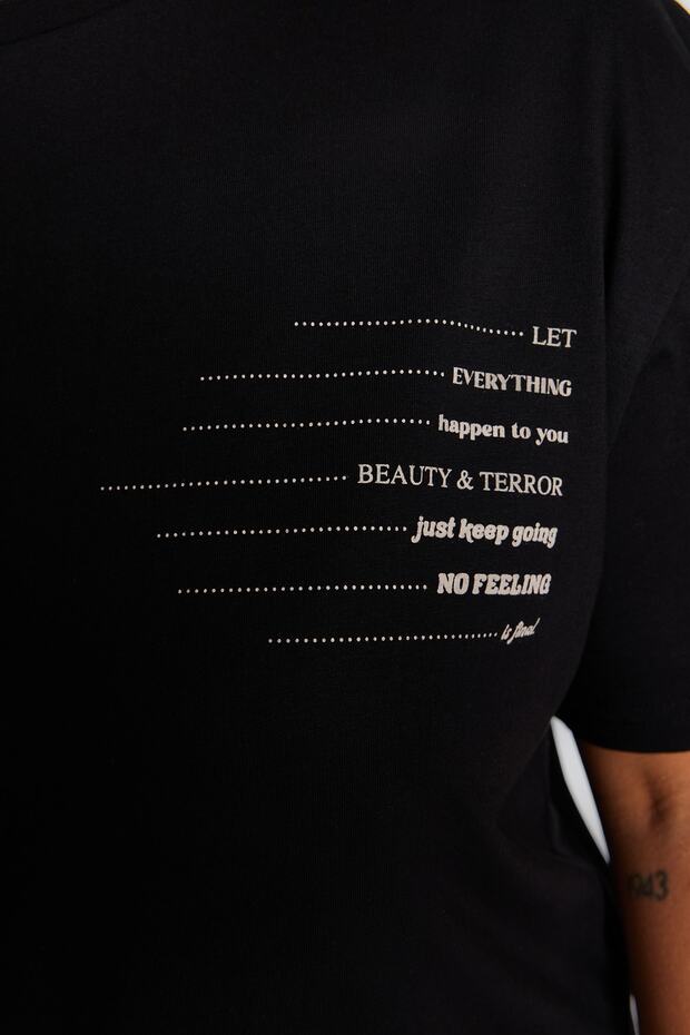 Siyah Bisiklet Yaka slogan Baskılı %100 Pamuk Örme Büyük Beden T-shirt Elbise TBBSS23AH00162 - 5