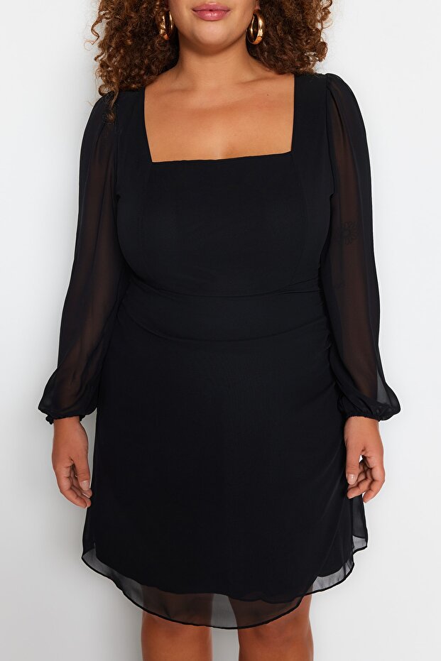 Čierne tkané šifónové mini šaty veľkej veľkosti TBBSS23AH00186 - 3