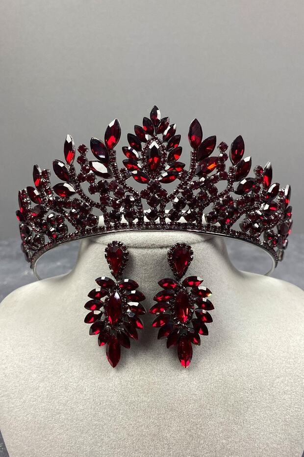 Burgundy Denver Full Stone Henna Bridal Tiara and Thin Shuttle Earring Set – Wedding & Henna & Wedding, Stylish Design