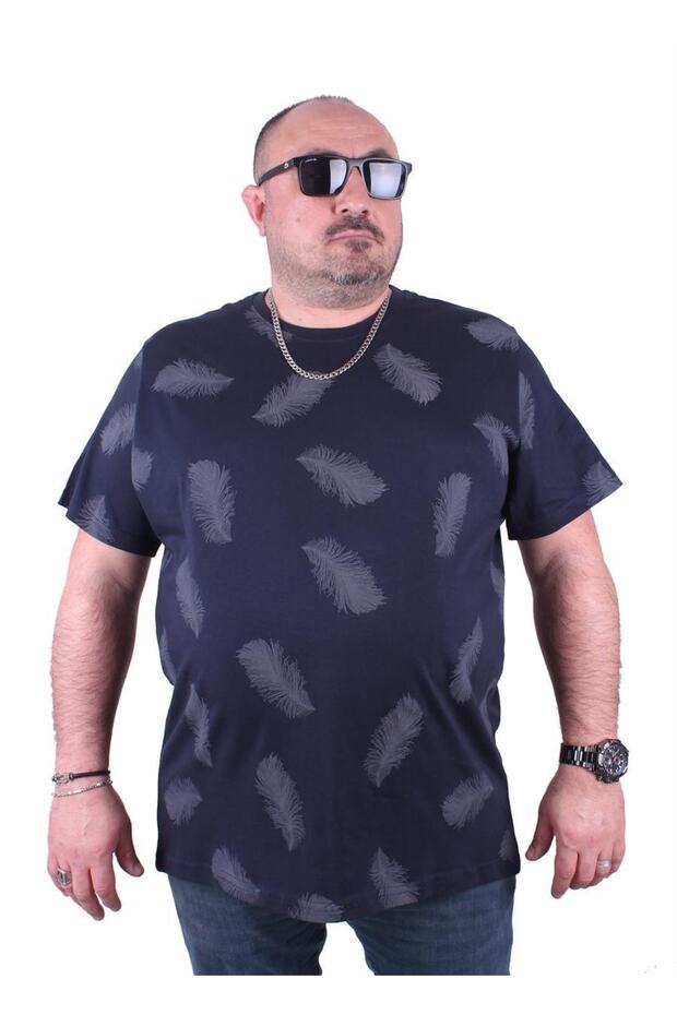 Large Size T-Shirt Crew Neck Feather 23149 Navy Blue