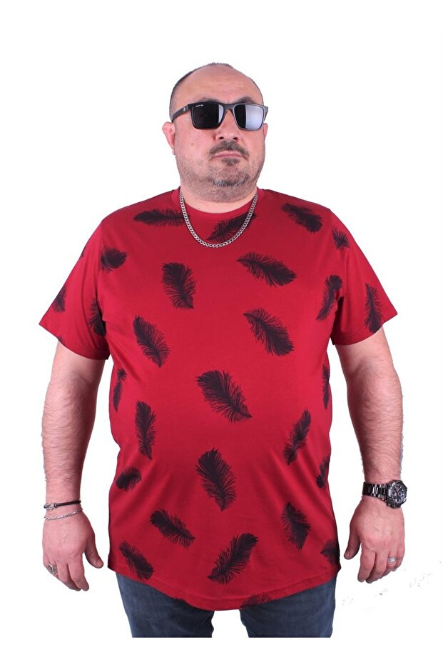 Large Size T-Shirt Crew Neck Feather 23149 Claret Red