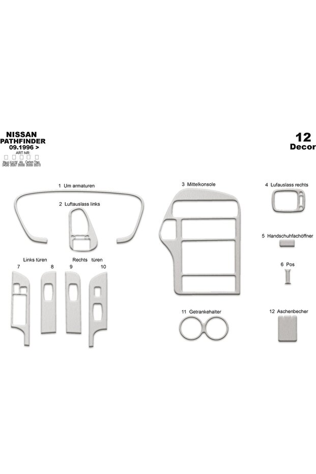 Meriç ® Nissan Pathfinder Front Glove Box Trim Aluminum 12 Piece 1996-2001