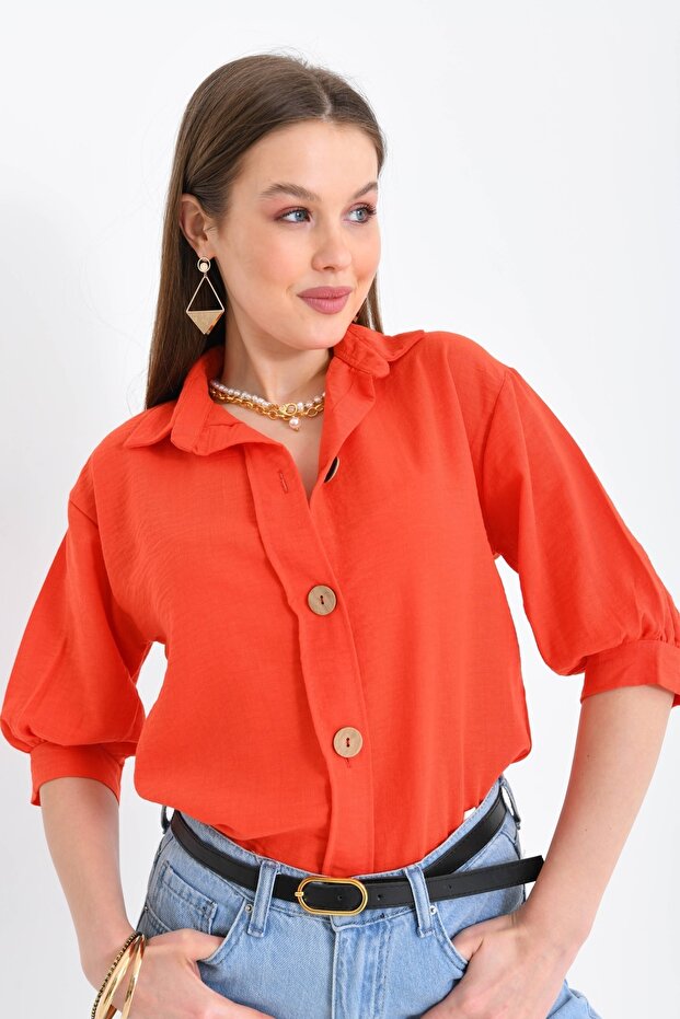 Women's Wooden Button Three Quarter Sleeve Linen Shirt