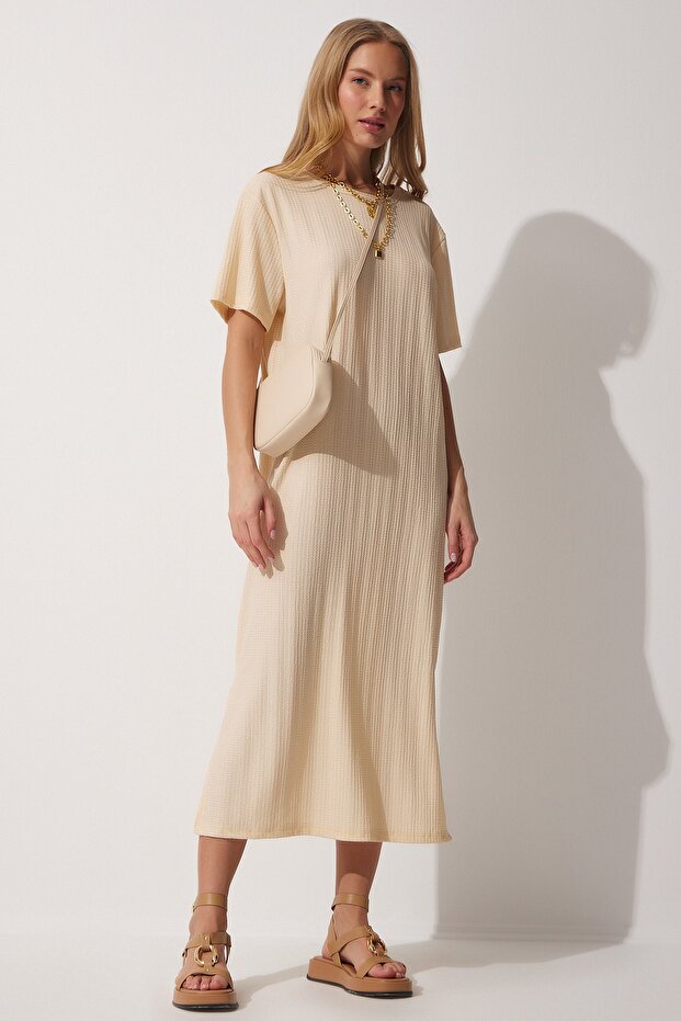 Cremefarbenes, locker geschnittenes, langes Strickkleid für Damen - Dz00076 - 2