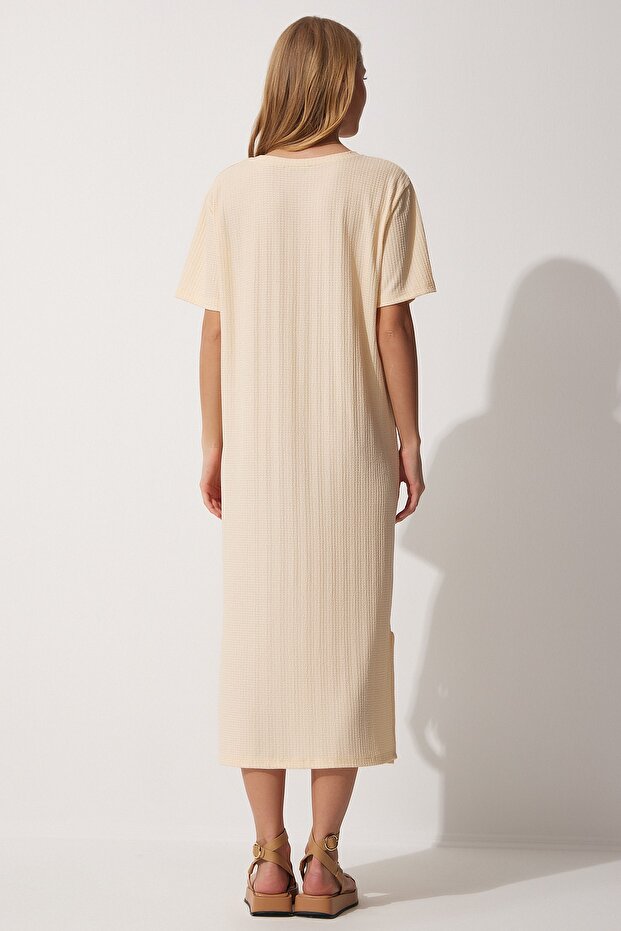 Cremefarbenes, locker geschnittenes, langes Strickkleid für Damen - Dz00076 - 4