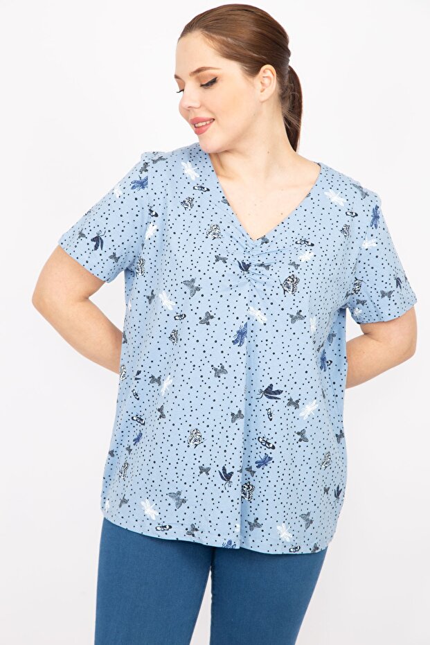Women's Blue Large Size Cotton Fabric Chest Gathered Blouse 65n35864