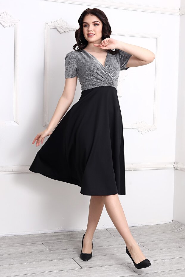 Pileli Kruvaze Simli Midi Elbise - 3