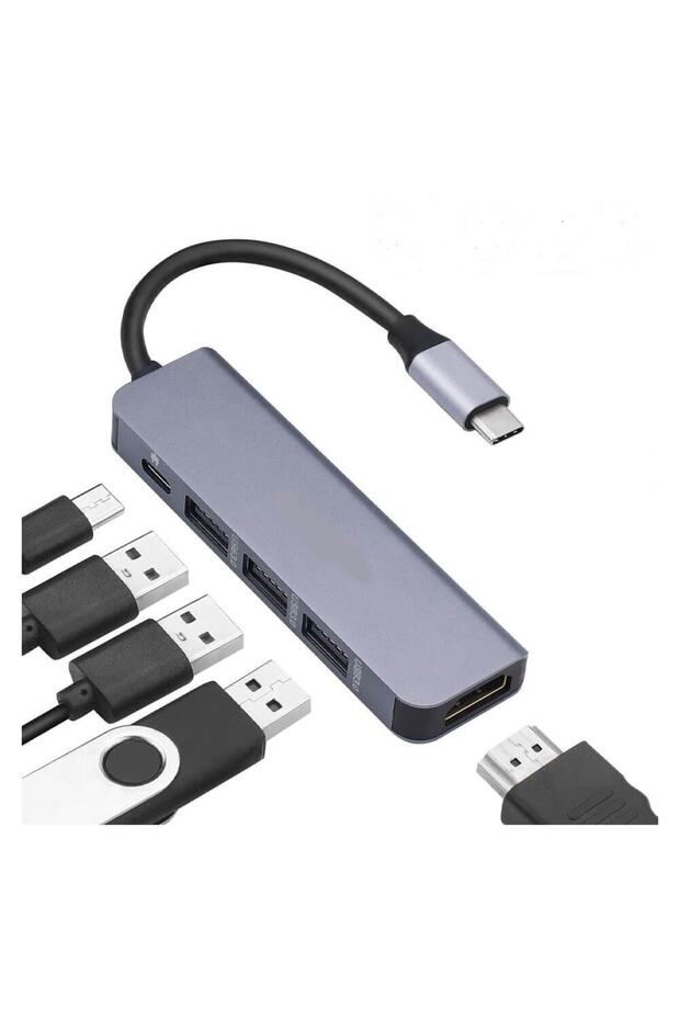 Type-c To Hdmı 4k@30hz Çevirici Kablo 1*usb 3.0 + 2*usb 2.0 Çoklayıcı Hub + Pd 87w Adaptör 5 In 1 - 1