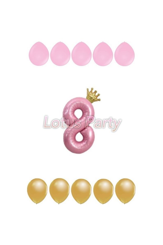 8 Year Old Gold King Crowned Pink Number Foil Balloon and Pink - Gold Balloon