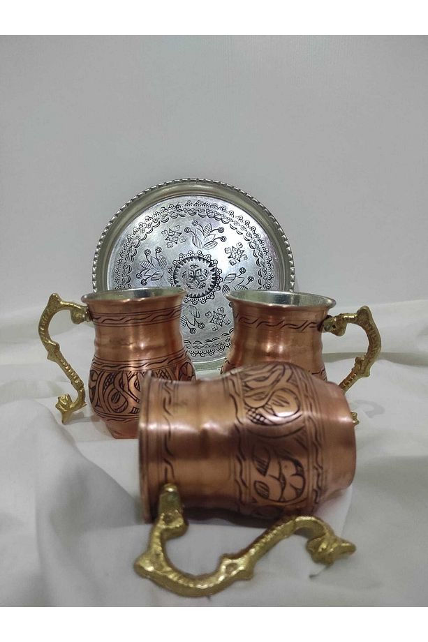 3'lü El Yapımı Bakır Maşrapa Ve Sunum Tepsisi - 1