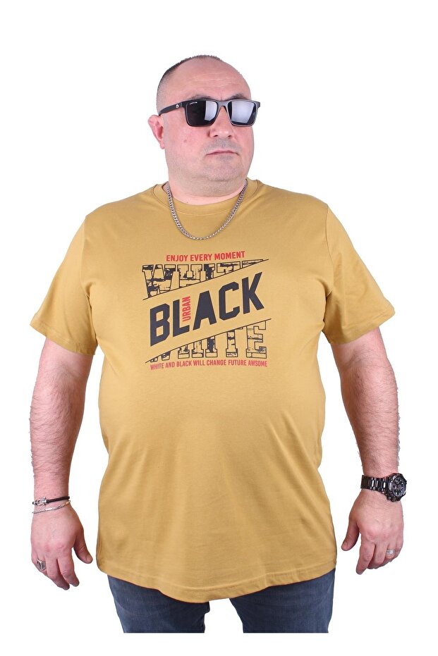 Large Size Men's Printed T-Shirt Black 23127 Lemon