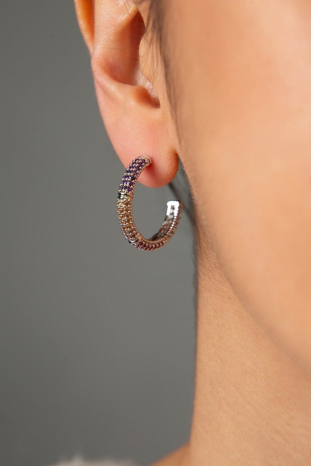 Women's Purple Jewelled Hoop Model Earrings