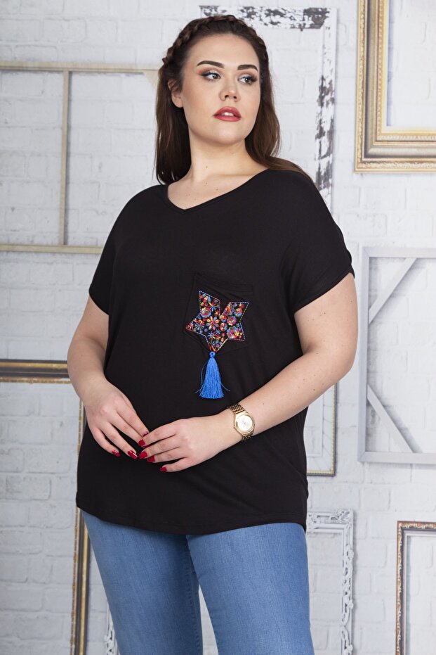 Women's Large Size Black Pocket Embroidery Detailed Low Sleeve Viscose Blouse 65n22716 - 1