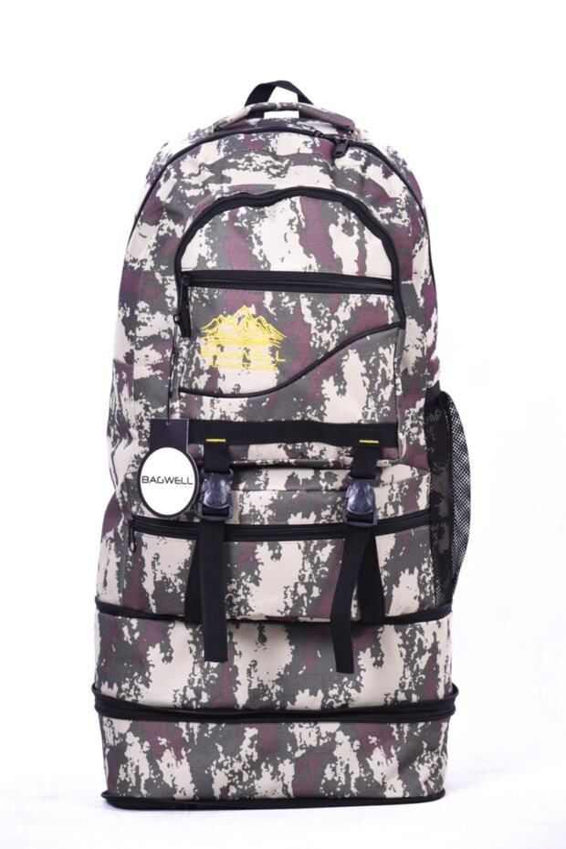 Camouflage Double Bellows 75 Lt-65 Lt and 50 Lt Mountaineer Bag Suitable for Travel and Daily Use