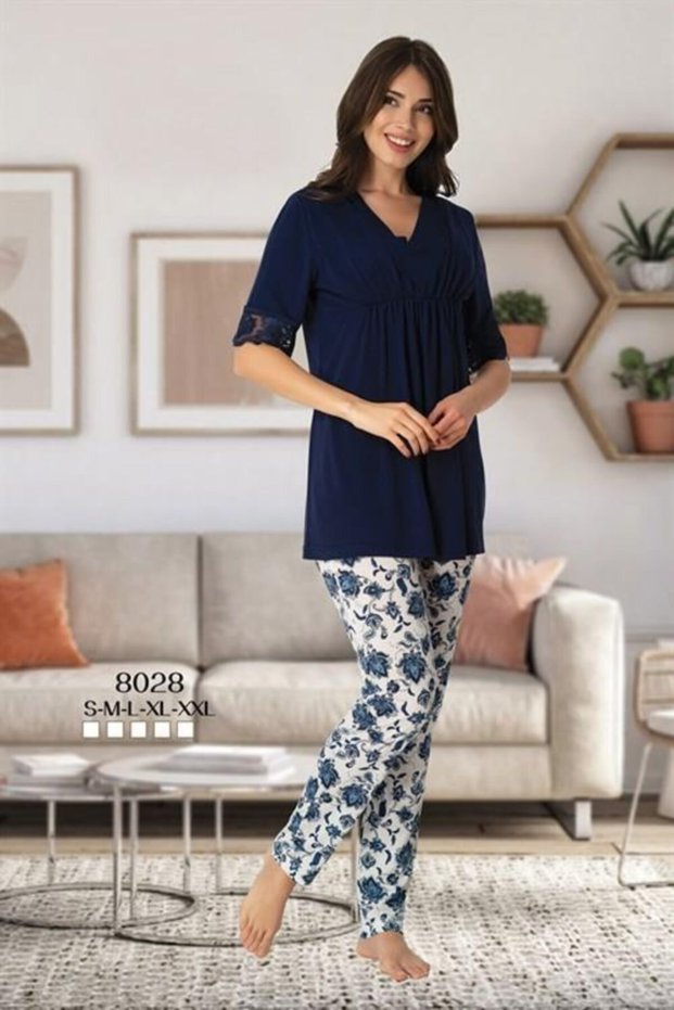 Effort Navy Blue Patterned Maternity Pajamas Set