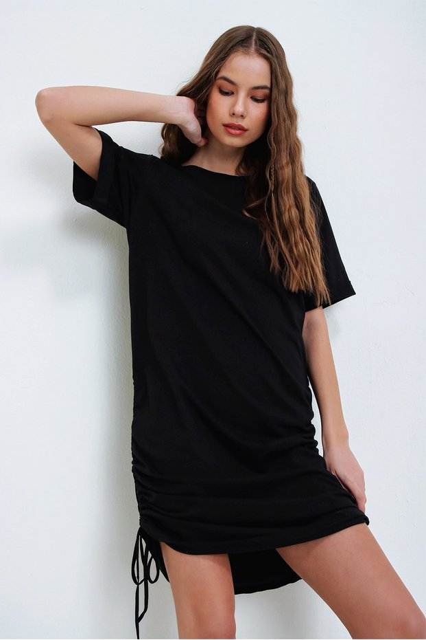 Women's Black Crew Neck Gathered Midi Dress ALC-X5953
