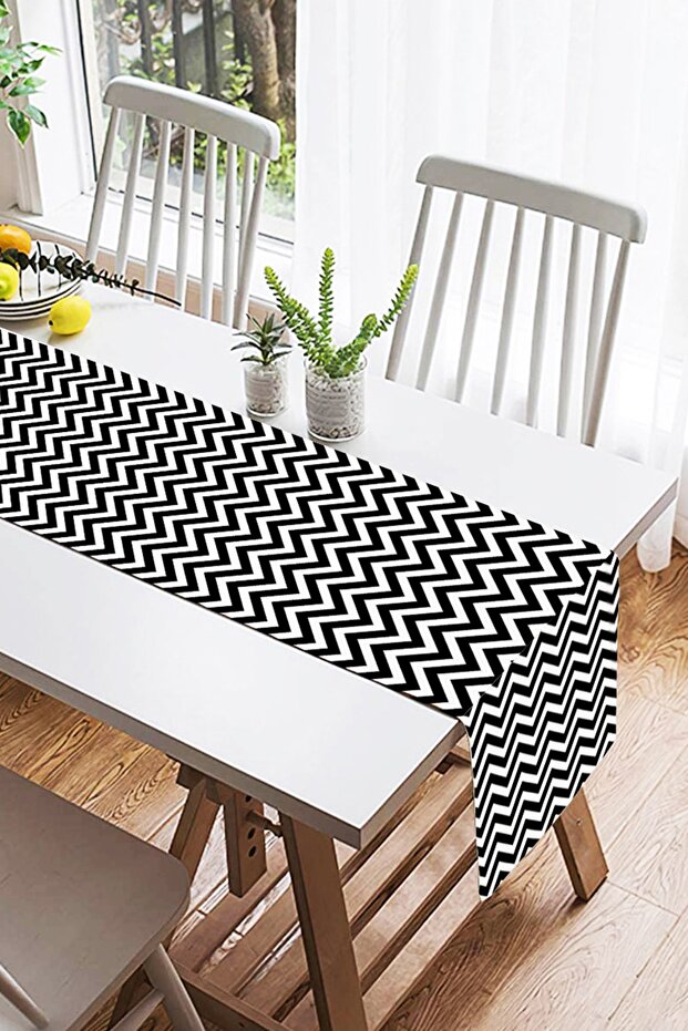 Black and White Zigzag Patterned Digital Printed Suede Runner - 2