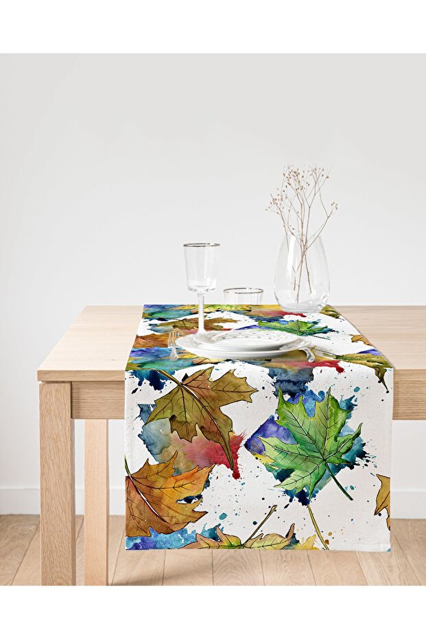 Autumn Leaf Patterned Digital Printed Special Design Suede Runner on White Background