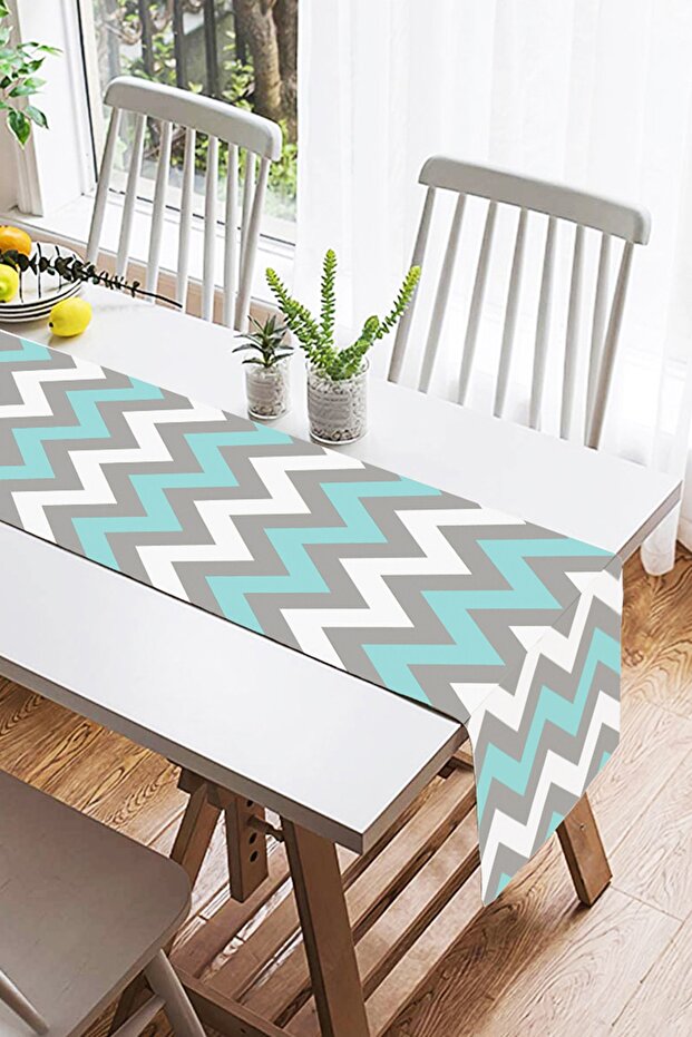 Gray Turquoise Zigzag Patterned Digital Printed Decorative Suede Runner - 2
