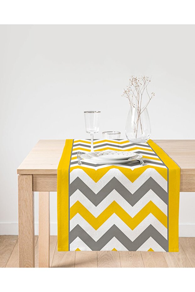 Yellow Gray Zigzag Patterned Digital Printed Suede Runner - 1