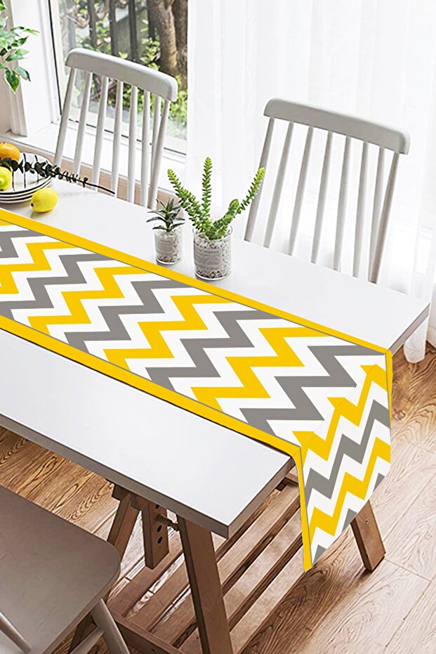 Yellow Gray Zigzag Patterned Digital Printed Suede Runner - 2