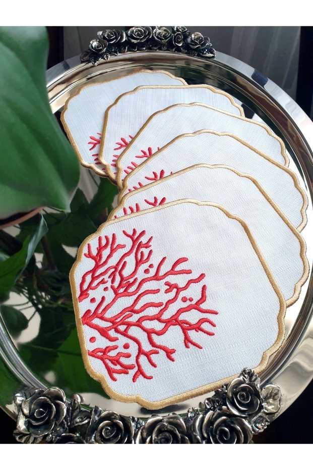 Coral Embroidered Gardenia Linen Fabric Cocktail Napkin, Coasters Set of 6