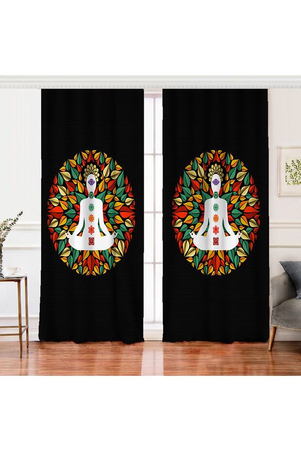 Double Panel Far Eastern Yoga Motifs Mandala Special Design Digital Printed Drapery Curtain