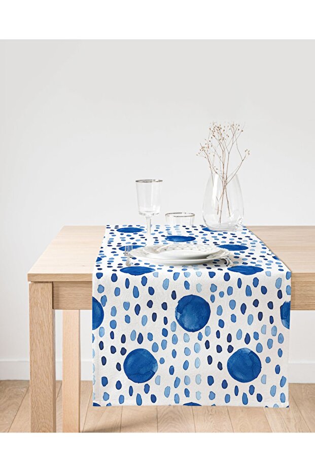 Blue Round Patterned Digital Printed Modern Suede Runner - 1