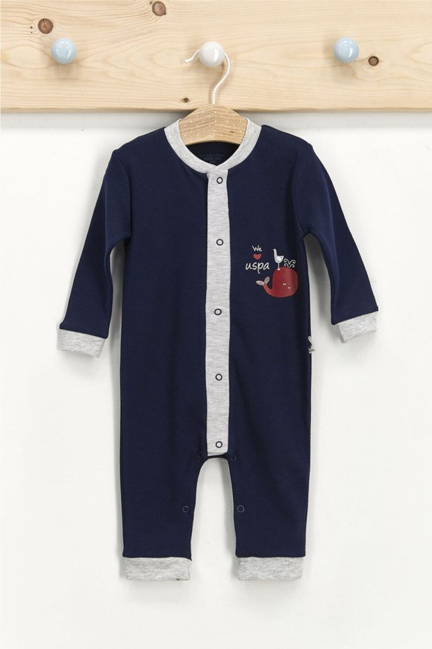 Base. Polo Assn Licensed Cute Fishes Karmelange Baby Boy Long Sleeve Jumpsuit Without Booties