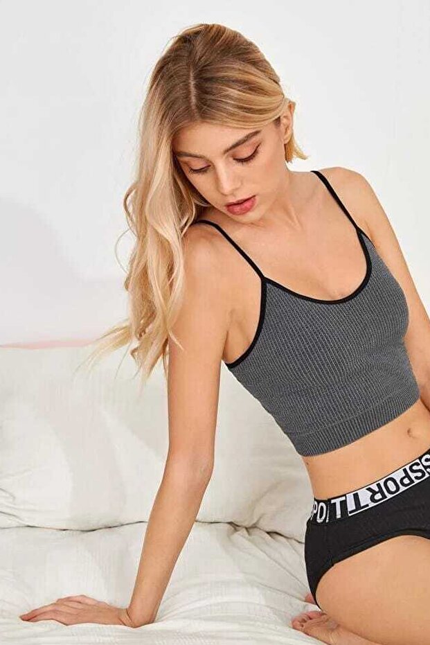 Kadın Anstrasit Gri İp Askılı Crop Top Bluz - 5