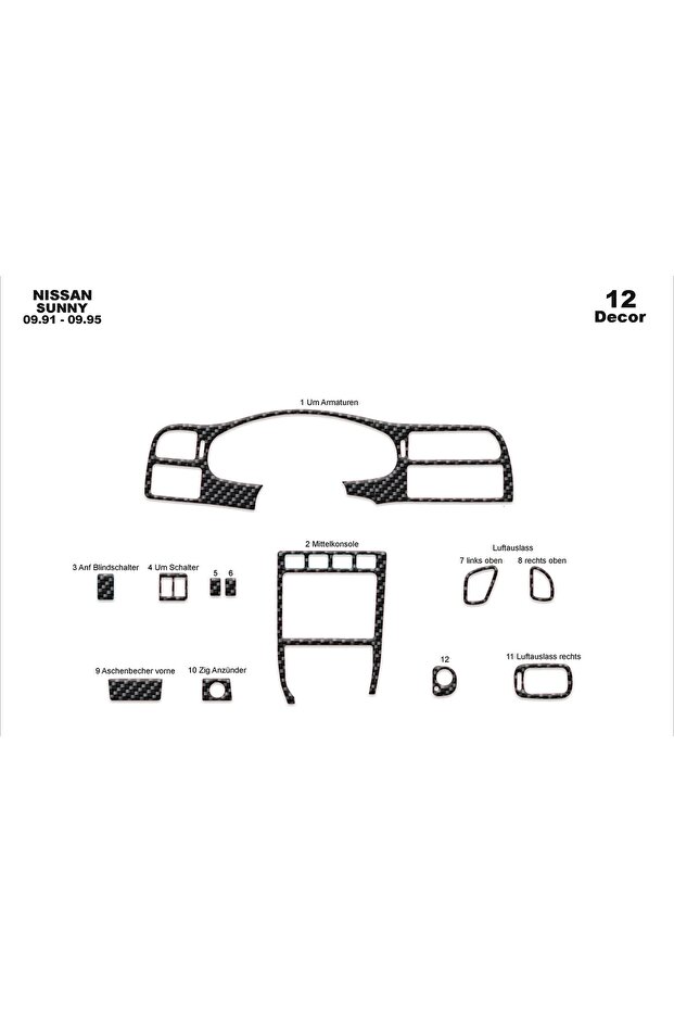 Meriç ® Nissan Sunny Front Glove Box Trim Carbon 12 Pieces 1991-1995