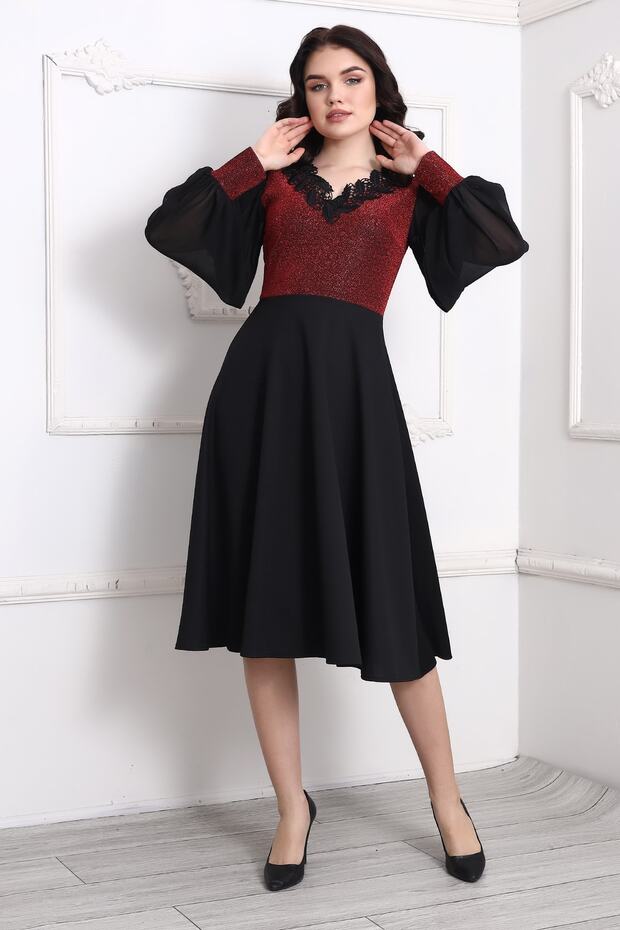 Şifon Kol Önü Simli Midi Elbise - 2