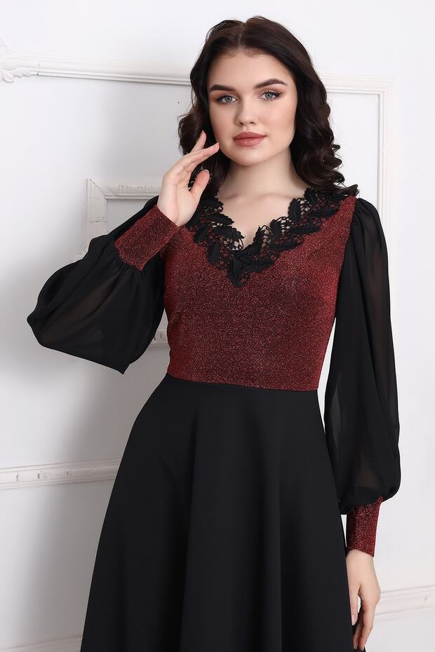 Şifon Kol Önü Simli Midi Elbise - 5