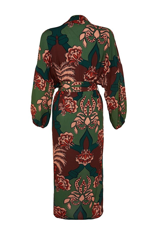 Tropikal Desenli Dokuma %100 Pamuk Maxi Plaj Kuşaklı Kimono&Kaftan TBESS23KM00057 - 8
