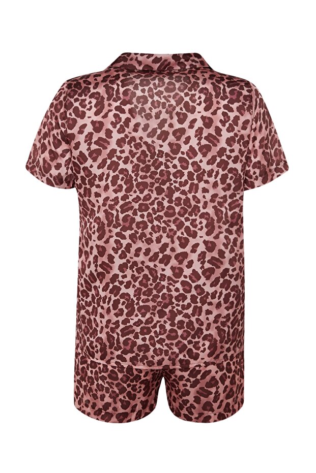 Pembe Leopar Desenli Saten Şortlu Dokuma Pijama Takımı THMSS20PT0158 - 9
