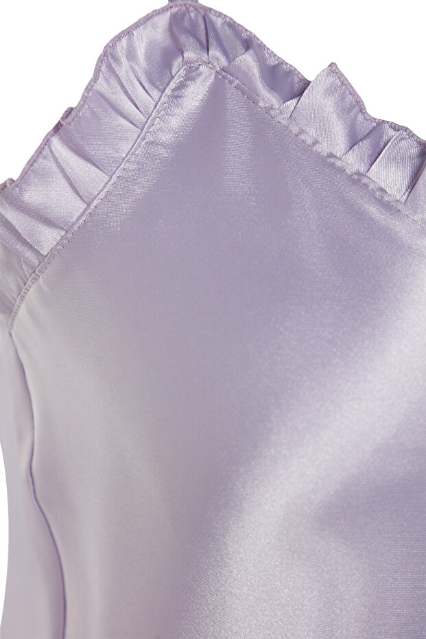 Lila Fırfırlı İp Askılı Saten Şortlu Dokuma Pijama Takımı THMSS22PT0274 - 8