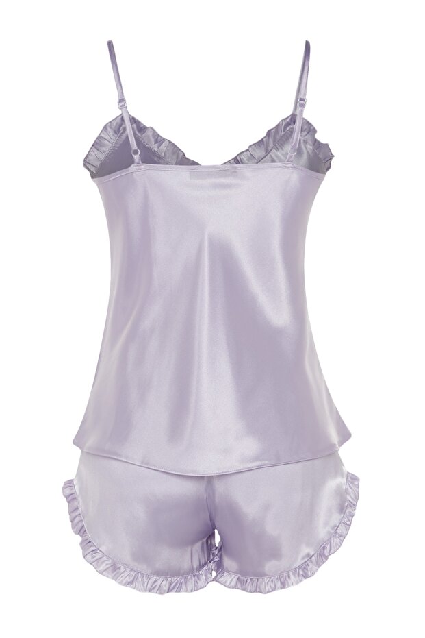 Lila Fırfırlı İp Askılı Saten Şortlu Dokuma Pijama Takımı THMSS22PT0274 - 9