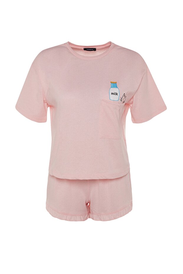 Pembe %100 Pamuklu Fırfırlı Baskılı Şortlu Örme Pijama Takımı THMSS22PT0422 - 7