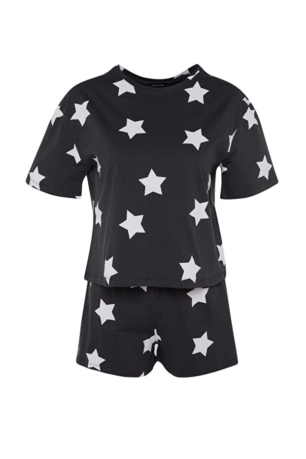 Çok Renkli %100 Pamuklu Yıldız Desenli Şortlu Örme Pijama Takımı THMSS22PT0501 - 6