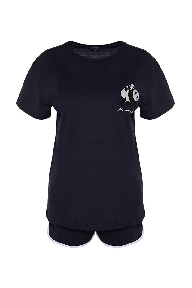 Lacivert %100 Pamuklu Panda Baskılı Bol Kalıp Şortlu Örme Pijama Takımı THMSS22PT00005 - 6